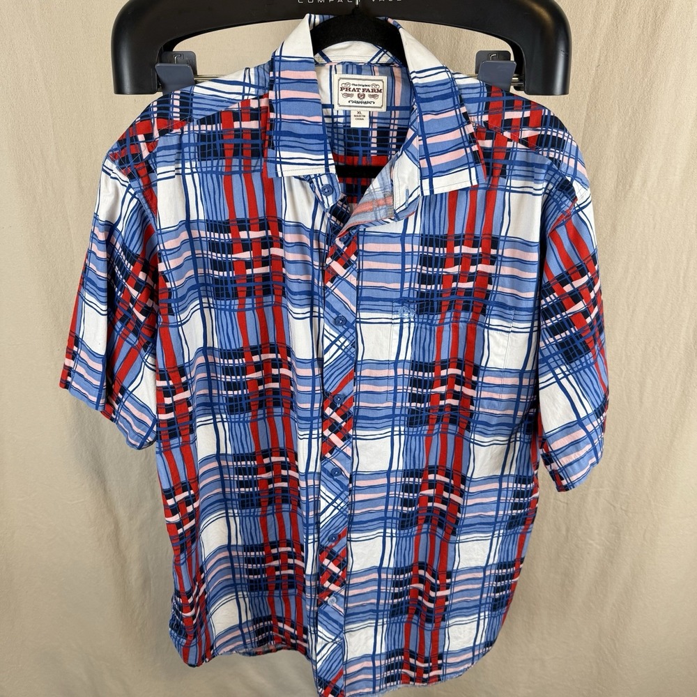 Phat Farm Men's XL Red, White And Blue Cotton Plaid Shirt Short Sleeve Hip Hop